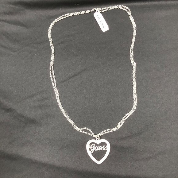 GUESS TWO STRAND SILVER‎ TONE HEART CHARM NECKLACE 30" NWT - Picture 5 of 5
